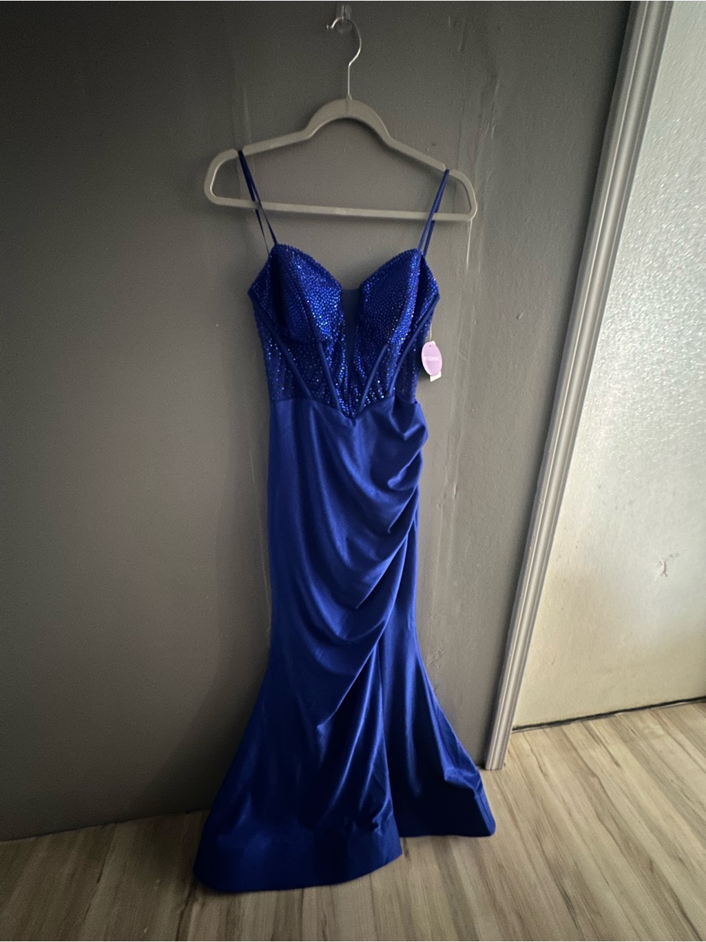 Windsor Cobalt Blue Beaded Spaghetti Strap Gown